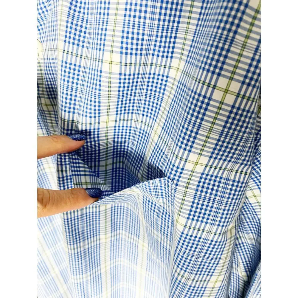 Peter Millar Mens Long Sleeve Dress Shirt Blue White Green Plaid Check Cotton XL